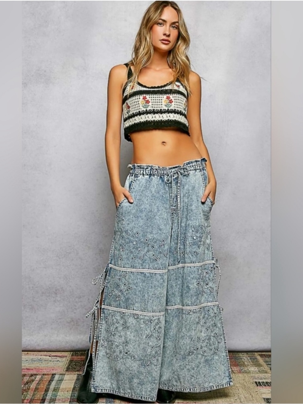 New: POL Boho Light Blue Laser-Cut Patchwork Wide-Leg Jeans•Medium - Picture 3 of 7